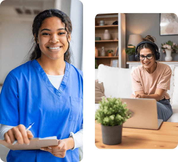 Smiling nurse and woman on laptop call.